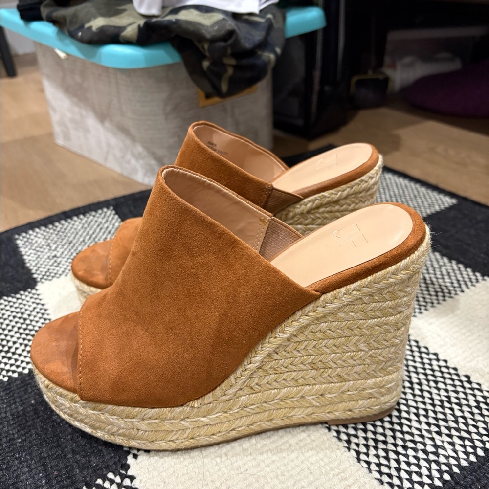 JustFab Tan Suede Wedge Sandals, very good condition